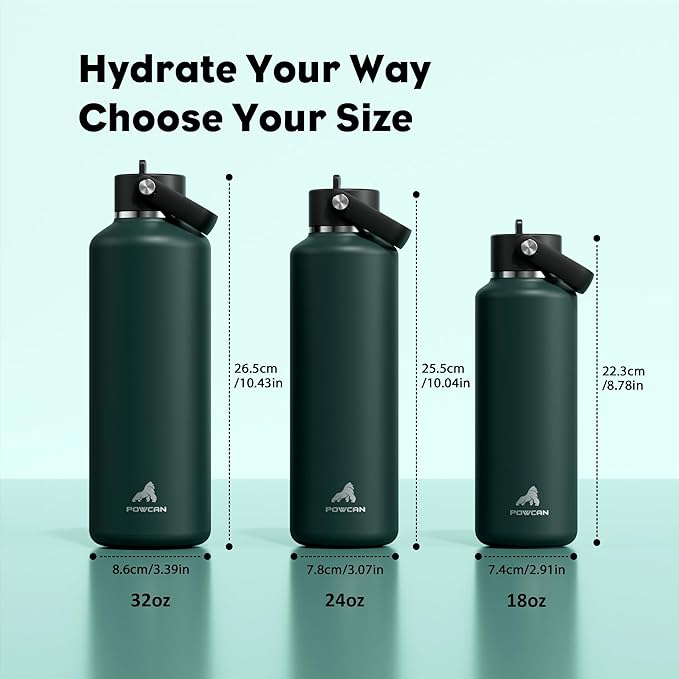 POWCAN 24 oz Water Bottle Insulated: BPA-Free, Leakproof Lid with Straw, Lightweight, Flex Cap, Stainless Steel Water Bottle for Sport, Hikig, Office, Commute, Worker, Walking, Cycling (Fir Green)