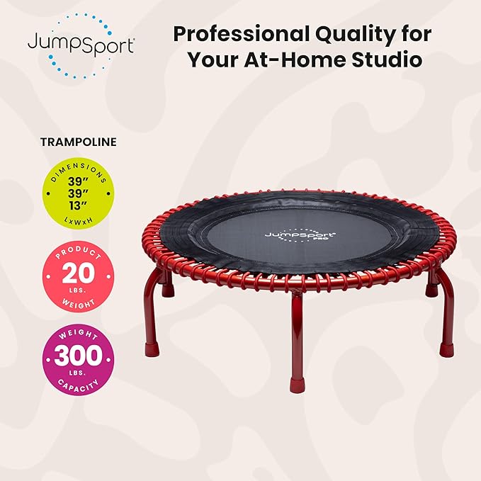JumpSport 350 PRO Fitness Trampoline, Cardio Workout, No-Tip Arched Legs Home Gym Equipment, Adjustable Bungees & 60 Day Trial Video