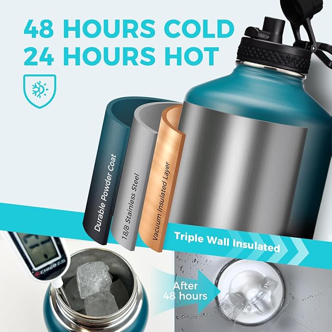 1 Gallon Water Bottle Insulated - 128 oz Water Jug with Straw Spout Lid, Paracord Handle, Carrying Bag, Protective Cup Mat, Big Stainless Steel Water Bottles, Metal Canteen for Camping Sports Gym