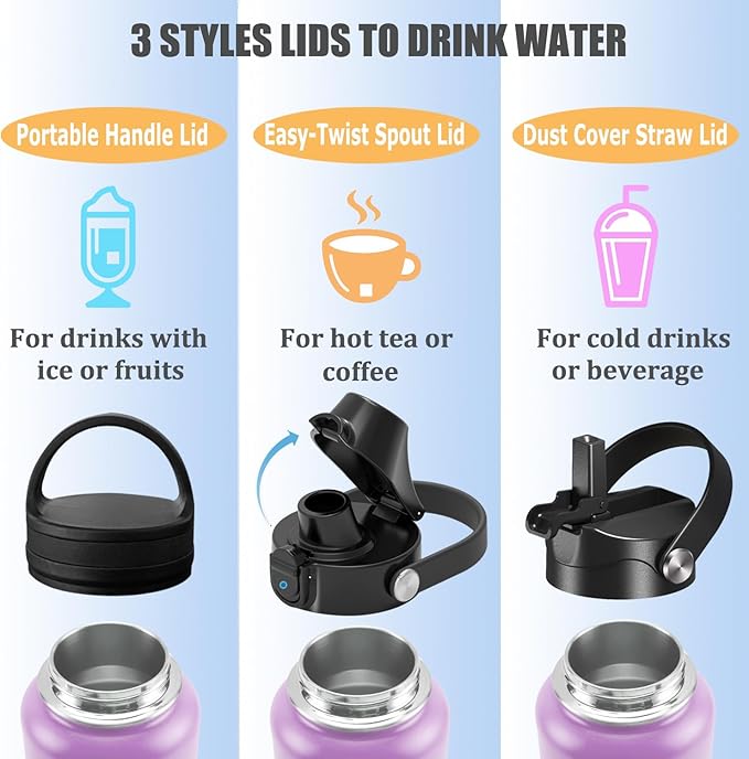Water Bottle Insulated 32oz 40oz 64oz 128oz Straw Lid Spout Lid & 3 Lids, Leak Proof, Vacuum Insulated,Stainless Steel Water Bottle Wide Mouth for Sports, Gym or Office