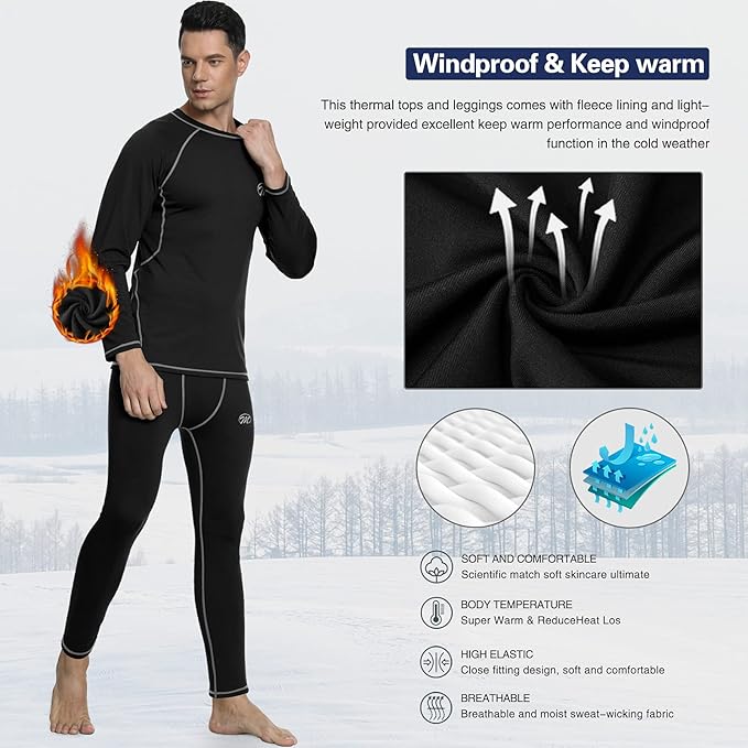Men Thermal Underwear Set Long Johns with Fleece Lined Base Layer Men Cold Weather Top Bottom for Skiing Running