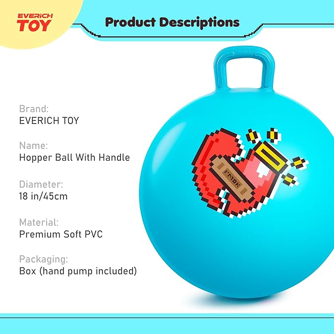 EVERICH TOY Hopper Ball for Kids, 18In Ride On Bouncy Ball with Handle, Blue Heart Girls Toys for Indoor Outdoor Active Play Toys, Best Christmas Girls Boys Gifts for 4 5 6 7 8 Yr Old