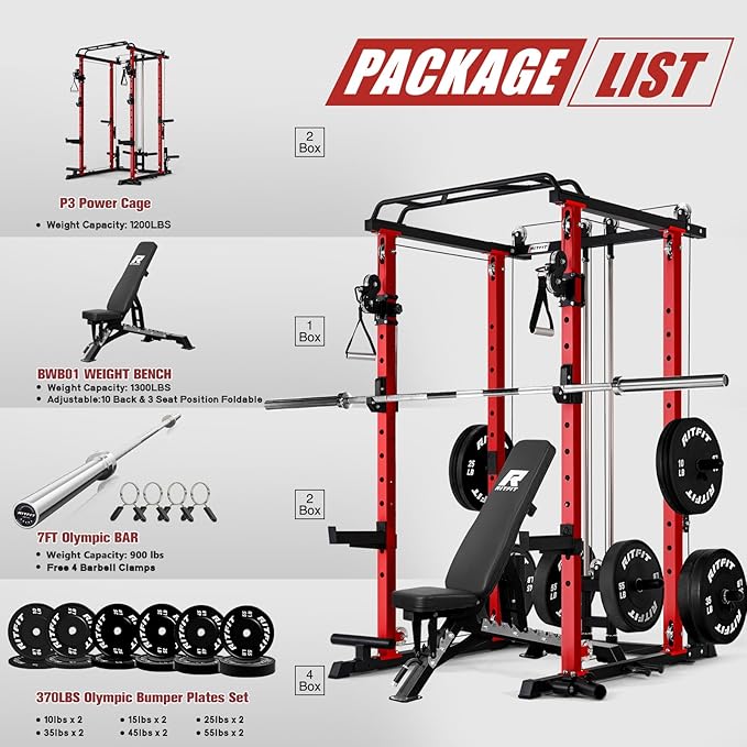RitFit Upgraded PPC-P3 Power Cage, 3-in-1 Home Gym with Aluminum Pulley System, 1200LBS Capacity, Includes LAT Pulldown, Landmine, J-Hooks & 20+ Attachments, Fits Compact Spaces Black Red
