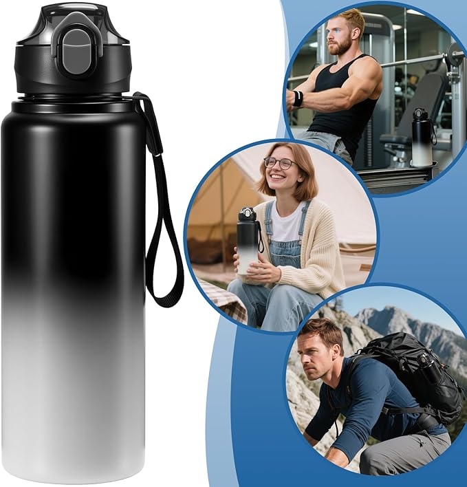 1L/33oz Insulated Water Bottle with Straw Stainless Steel Food Material Big Water Bottle Food Grade Waterbottle for Adults-Gradient Black For Sports,Travel,Hiking,Camping,Office