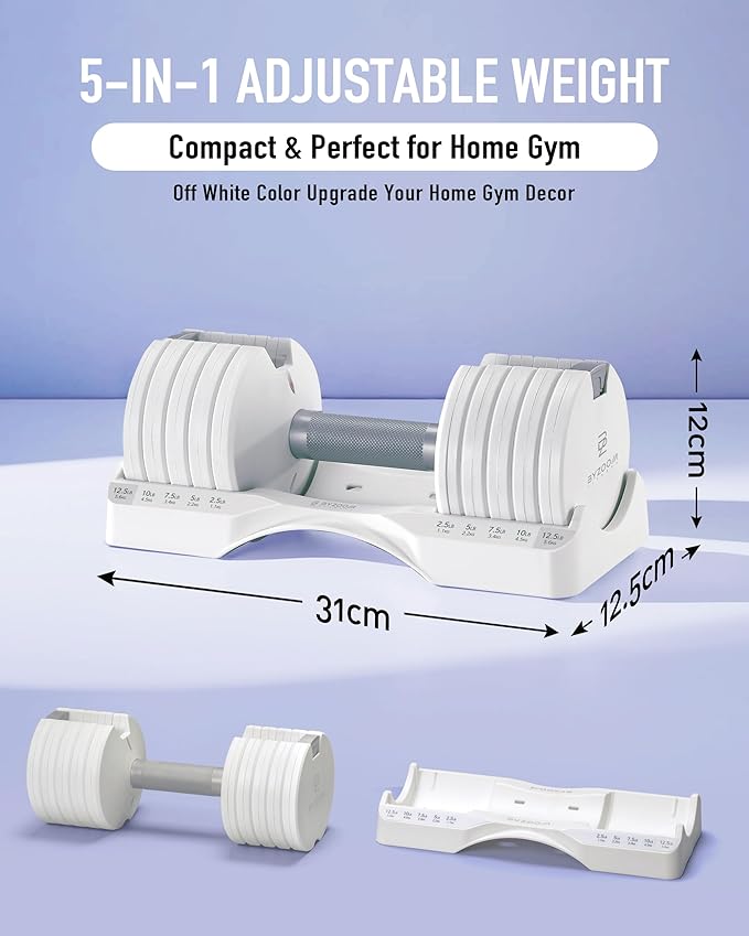 BYZOOM FITNESS Adjustable Dumbbell – 12.5/25lb Single Unit OR Set of 2 – 5-in-1 Adjustable Weight for Home Gym, Strength Training & Fitness Workouts, White OR Black