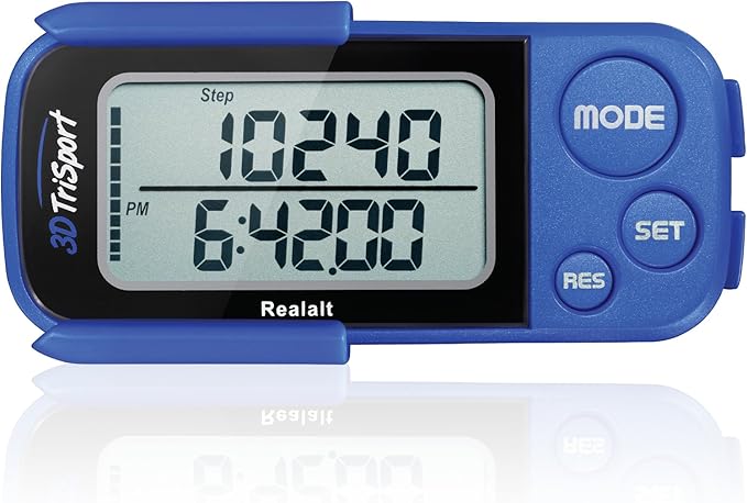 Realalt 3DTriSport Walking 3D Pedometer with Clip & Strap, eBook Included 30 Days Memory Accurate Step Counter, Walking Distance Miles/Km, Calorie Counter, Daily Exercise Time Monitor