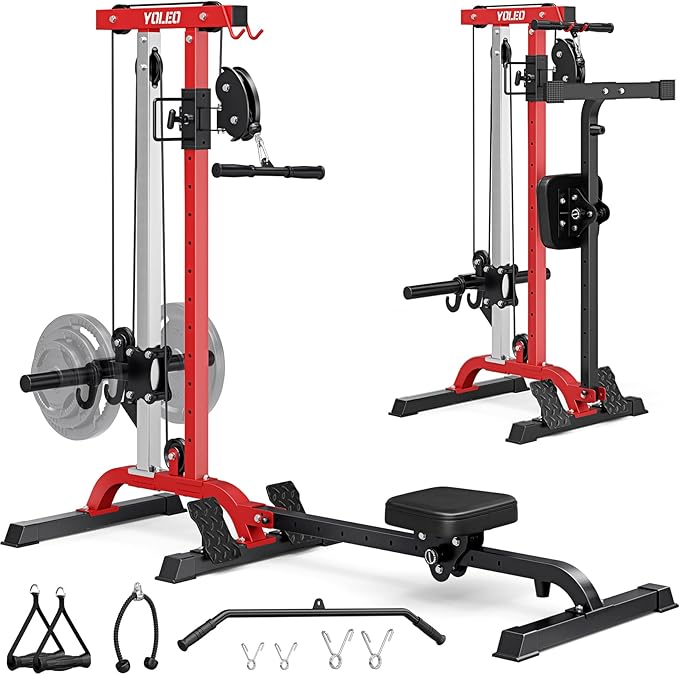 Cable Machine Home Gym 2 in 1, Rowing Machine & LAT Pulldown Station with High/Low Pulley, 450 Lbs Loaded, Foldable Compact Design, Includes LAT Bar & Tricep Rope