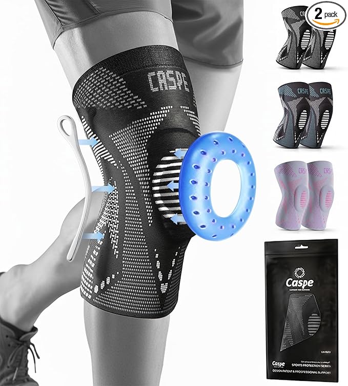 Caspe 2 Pack Compression Knee Brace for Women & Men – Pain Relief Support with Patella Gel Pads & Side Stabilizers – Knee Sleeve for Running, Workout & Arthritis (Gray, Large)