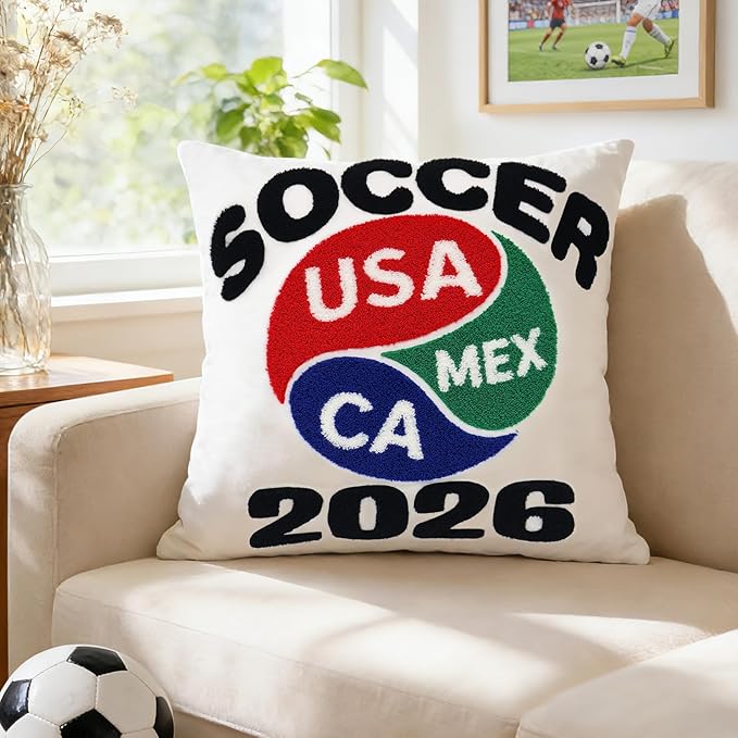 18x18 Inches Decorative Pillow Covers 1pc for World Soccer 2026 Fan, Host Nations Embroidered Throw Pillows Cases for Couch Bed Room, Game Day Home Decor Pillows Covers Gifts for Women Men