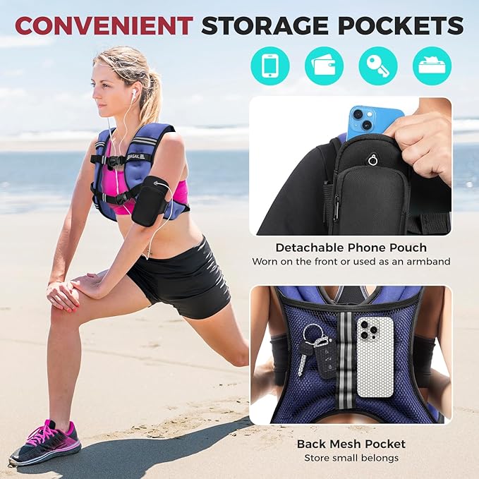 BAGAIL Weighted Vest, 5lb/8lb/10lb/12lb/15lb/20lb/25lb/30lb Weight Vest for Walking & Weight Loss, Reflective Rucking Vest with Phone Pouch for Women & Men, Home Gym & Outdoor Training