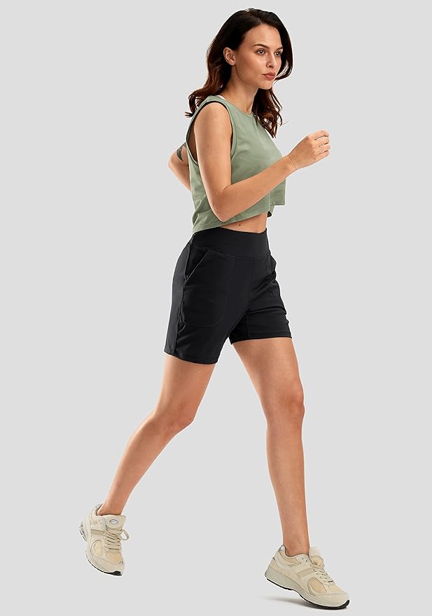 SANTINY Women's 6'' Athletic Long Shorts with 4 Pockets High Waisted Bermuda Shorts for Women Walking Running Casual