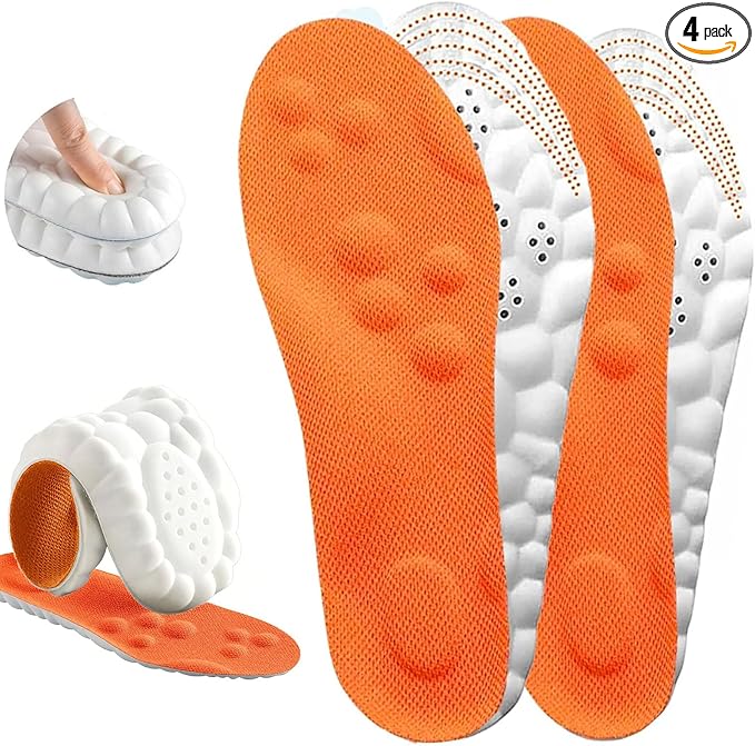 4D Cloud Insoles for Men Women, Cloud Soles Memory Foam Insoles, Massage Cushion Insoles for Foot & Joint Support, Comfort Breathable - 2 Pairs (Orange, Men 6-7/ Women 7.5-8.5)