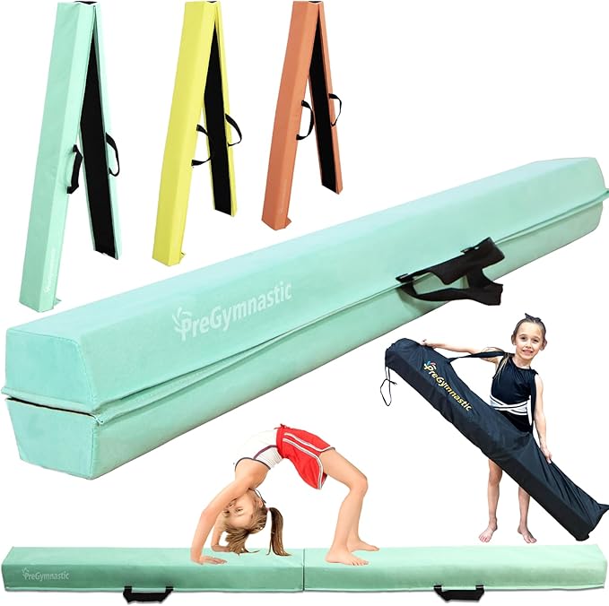 PreGymnastic 6FT/8FT/9.5FT Folding Balance Beam for Kids Ages 3-12, Foldable Gymnastics Floor Beam-Extra Firm Suede Cover with Carrying Bag for Home-Gym Equipment for Toddler Teenager