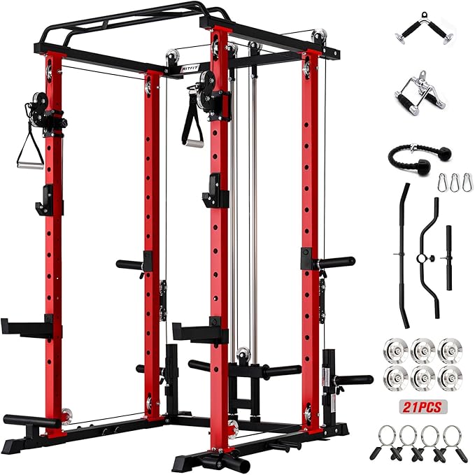 RitFit Upgraded PPC-P3 Power Cage, 3-in-1 Home Gym with Aluminum Pulley System, 1200LBS Capacity, Includes LAT Pulldown, Landmine, J-Hooks & 20+ Attachments, Fits Compact Spaces Black Red