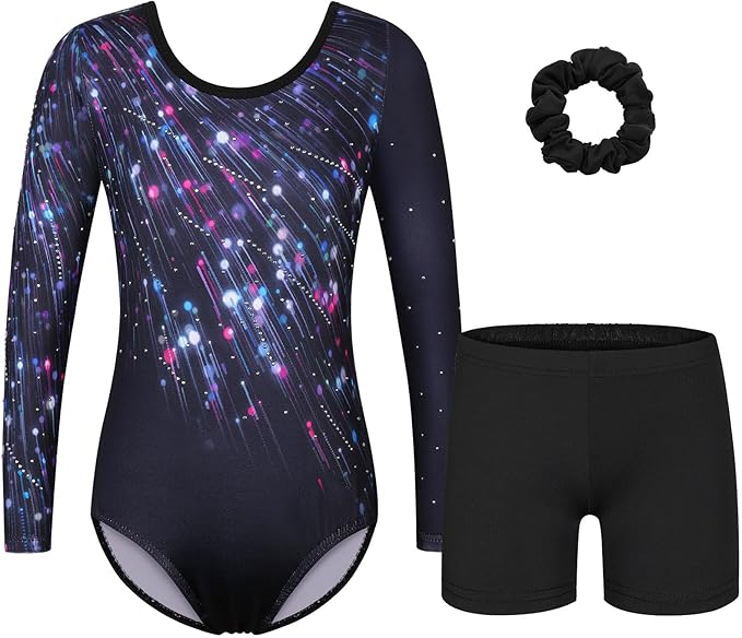 BAOHULU Gymnastics Leotards for Girls Long Sleeve Sparkly Cute Pattern Dance Outfit with Matching Shorts Set