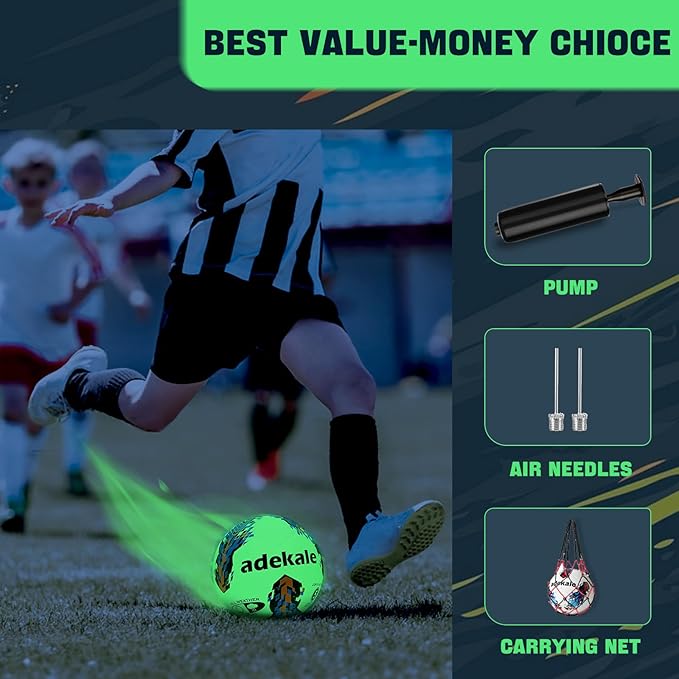 Glow in the Dark Soccer Ball Full Size 3/4/5, Sports Soccer Accessories Gifts Toys for Kids，Boys 8-12 , Light Up Ball with pump and needles, Ideal Soccer Gifts for Boys Age 7 8 9 10 11 12 13 14