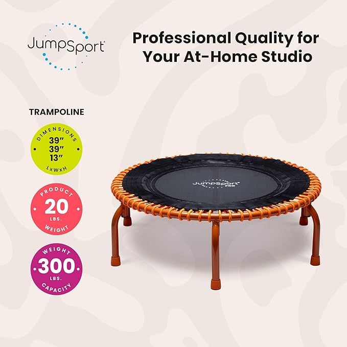 JumpSport 350 PRO Fitness Trampoline, Cardio Workout, No-Tip Arched Legs Home Gym Equipment, Adjustable Bungees & 60 Day Trial Video