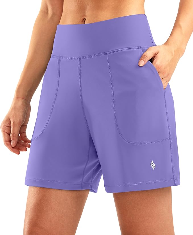SANTINY Women's 6'' Athletic Long Shorts with 4 Pockets High Waisted Bermuda Shorts for Women Walking Running Casual