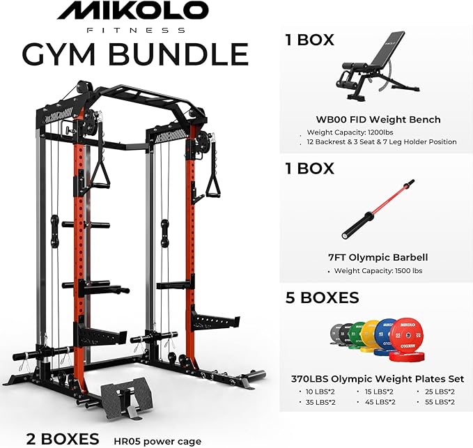 Mikolo Power Cage, 2000LB Power Rack with Independent Dual Pulley System, Multi-Function Home Gym Workout Machine for Cable Crossover