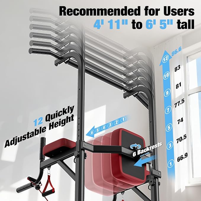 Dskeuzeew Power Tower Pull Up Bar Station for Home Gym Strength, 450LBS Pull Up Dip Station Assistive Trainer Height Adjustable with Elastic Ropes, Pull Up Bar Free Standing Heavy-Duty Fitness Equipment
