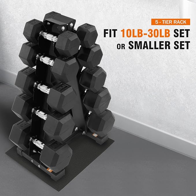 Fitvids 150 LB Rubber Coated Hex Dumbbell Set with Storage Rack, 5-25LB Hand Weight Set with Anti-Slip Grip for Home Gym