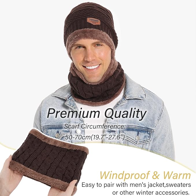 FZ FANTASTIC ZONE Mens Womens Winter Beanie Hat Scarf Set Warm Knit Thick Fleece Lined Skull Cap Neck Warmer for Men Women