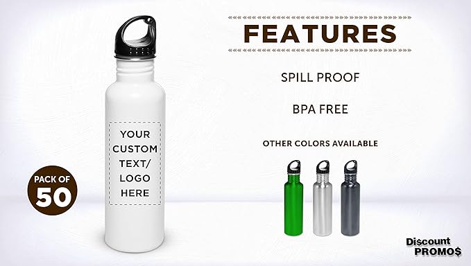 DISCOUNT PROMOS Custom Stainless Steel Water Bottles 26 oz. Set of 50, Personalized Bulk Pack - Reusable, Leak Proof, Perfect for Gym, Hiking, Camping, Outdoor Sports - White