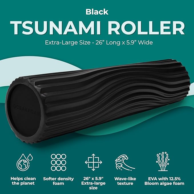 Oceanfoam Tsunami Roller (Black) - Extra-Large, 26" x 5.9" - Soft, Textured Foam Roller for Physical Therapy, Back Pain, Exercise & Stretching - Wave Textured - Yoga, Athletics, & Wellness