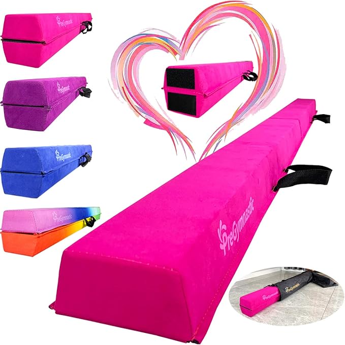 PreGymnastic 6FT/8FT/9.5FT Folding Balance Beam for Kids Ages 3-12, Foldable Gymnastics Floor Beam-Extra Firm Suede Cover with Carrying Bag for Home-Gym Equipment for Toddler Teenager