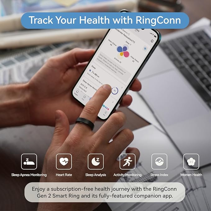 RingConn Gen 2, World’s First Smart Ring with Sleep Apnea Monitoring, No APP Subscription, 12-Day Battery Life, Stress/Heart Rate/Women's Health Tracker, Android & iOS Compatible (Black, Size 13)