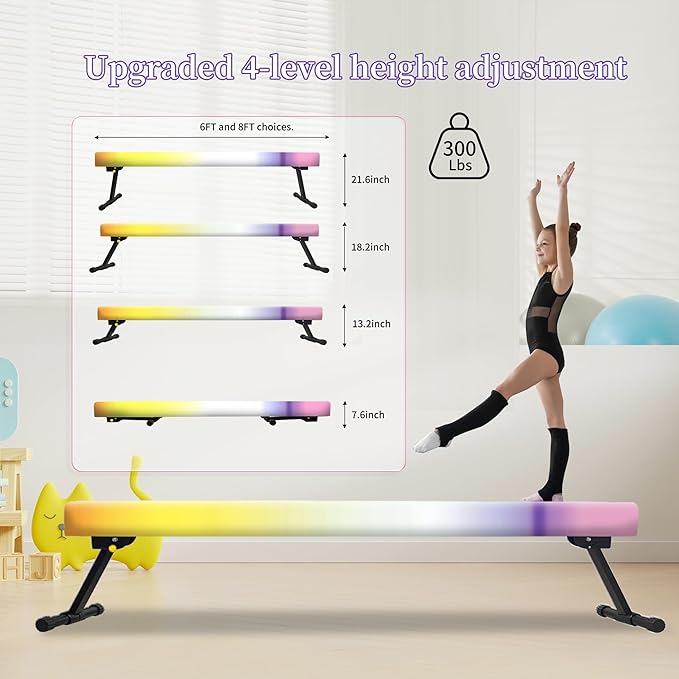 EL&IT·Wings 6ft/8ft Gymnastic Balance Beam, Adjustable High and Low Level Floor Beam - Highly Stable - Gym Practice Training Equipment for Kids Children Girls Home
