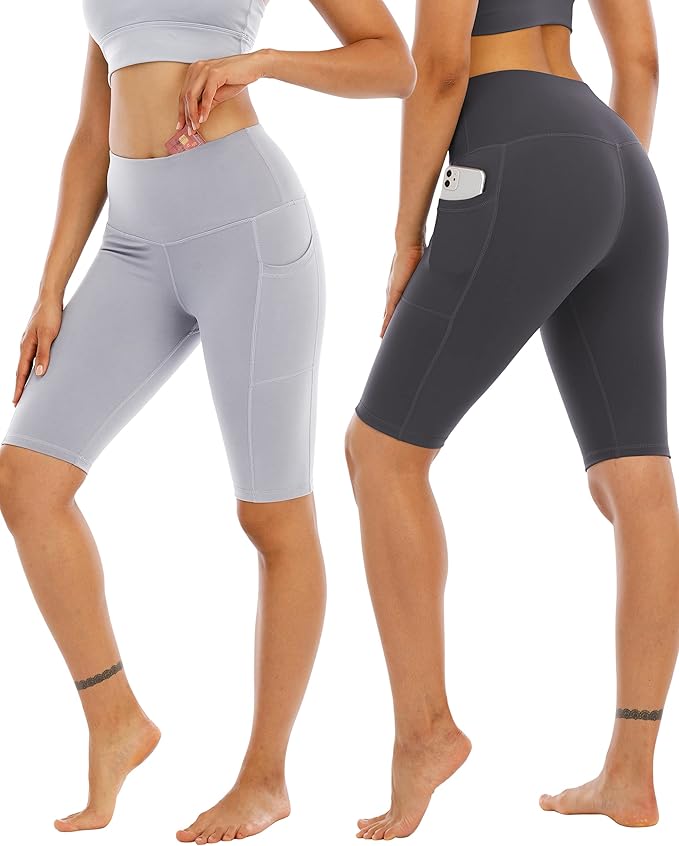 WHOUARE 4 Pack Biker Yoga Shorts with Pockets for Women,High Waisted Athletic Running Workout Gym Shorts Tummy Control