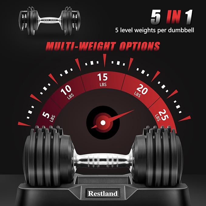 Restland Adjustable Dumbbell Set of 2 (60lb or 25lb Pair), Anti-Slip Handle with 10 or 5 Different Weights, Suitable for Men & Women Home Gym Workout