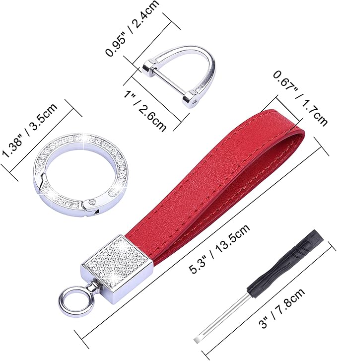 Wisdompro Genuine Leather Car Keychain, Bling Key FOB Holder Leather Loop Keychains for Women Girls with Crystal Rhinestones and 2 Keyrings - Red