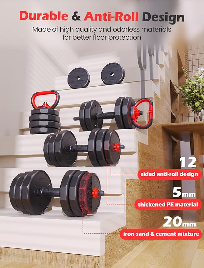 Adjustable dumbbell set,20/35/45/55/70/90lbs Free Weights set with upgraded nut, 5 in 1 Weight Set Used as Kettlebells, Barbell, Push up Stand, Fitness Exercise for Home Gym Suitable Men/Women