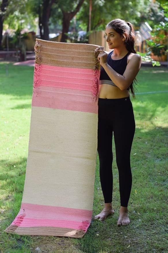 Indian Handmade100 % Organic Anti Skid Multi Colour Cotton Yoga Mat - Eco-Friendly Hand-Woven Rug - Non-Slip & Thick (24”x72”x5mm) for Hot yoga & Everyday Fitness at Home - Comfortable & Foldable Extra-Long Mat