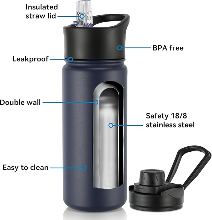 16 oz Insulated Water Bottle with Straw Lids, Stainless Steel Kids Water Bottles for School, Double Wall Vacuum Metal Water Bottle with Straw & Wide Mouth Lid, Navy 8 Pack