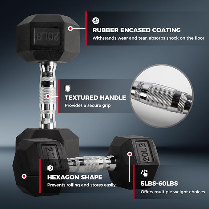 RITFIT 650/550/450/350/300/310/260/210/200/180/150/100 LB Rubber Hex Dumbbells Set with Optional Dumbbell Rack, Multi Weight Set to Choose, Ideal for Home Gym and Fitness