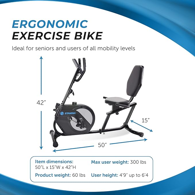 Stamina Recumbent Exercise Bike for Home 346 w/Smart Workout App - Stationary Bike for Adults, Seniors w/Large, Adjustable, Comfortable Seat & Walk-Thru Design
