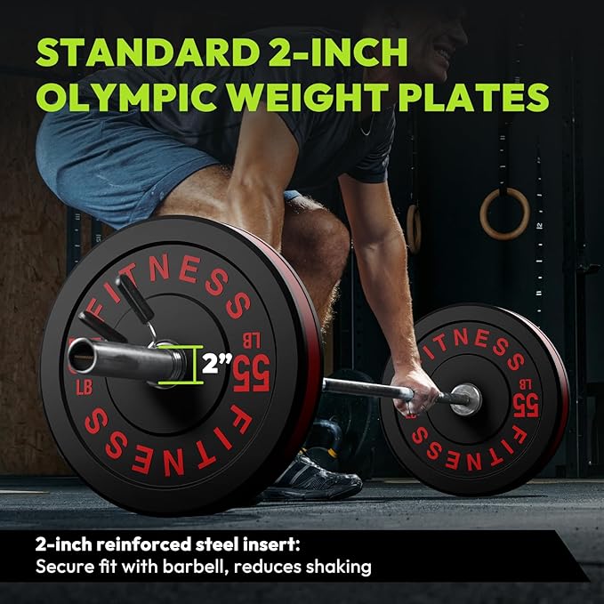 2-Inch Weight Plates High Bounce, Olympic Bumper Plate Set 45/100/160/190/260/300lb, Colored Weight Plates Set for Home Gym, Barbell Weights Rubber Strength Training Plate for Weight Lifting