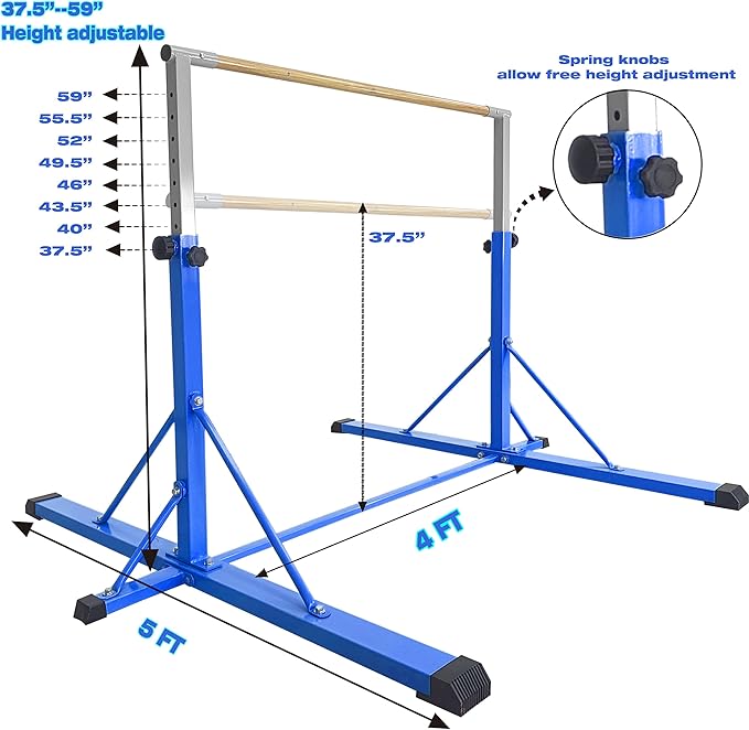 Gymnastics Bar for Kids Ages 3-15, 35" to 60" Adjustable Height, 4FT Wide Base - Professional Kip Bar with 360° Stability & Fiberglass Crossbar, Easy Fold&Solid Design for Home Training