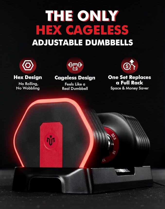 Mikolo Hex Cageless Adjustable Dumbbells Set of 2, 26.5LB Pair 6-in-1 Space-Saving Adjustable Dumbbell Set for Home Gym Strength Training