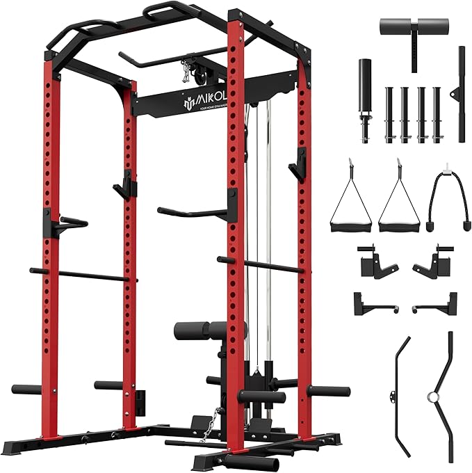 Mikolo Power Cage, Power Rack with LAT Pulldown, 1200 Pounds Capacity Workout Cage with More Training Attachments, Squat Rack for Home Gym, F4 Versions