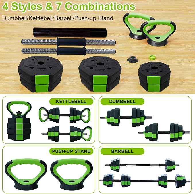 4-In-1 Adjustable Dumbbell Set - Dumbbell/Barbell/Kettlebell/Push Up Stand for Home Gym