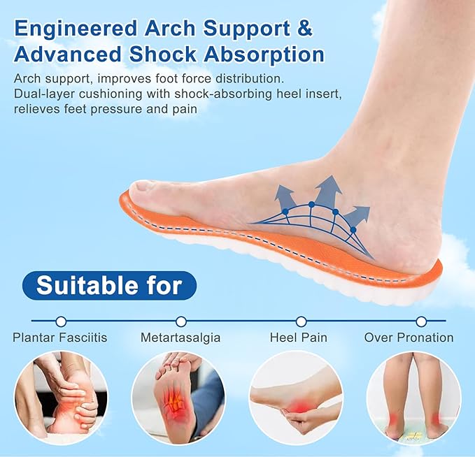 4D Cloud Insoles for Men Women, Memory Foam Boot Insoles, Comfortable and Breathable Massage Cushion Shoe Inserts with Arch Support, Trim to Fit All Shoe Types(2Pair-Orange, Men 7-8/Women 8.5-9.5)
