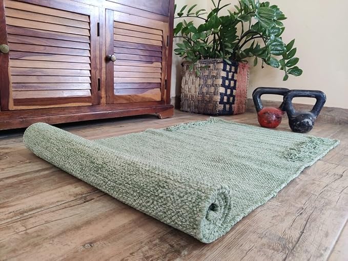 Indian Handmade100 % Organic Anti Skid Multi Colour Cotton Yoga Mat - Eco-Friendly Hand-Woven Rug - Non-Slip & Thick (24”x72”x5mm) for Hot yoga & Everyday Fitness at Home - Comfortable & Foldable Extra-Long Mat