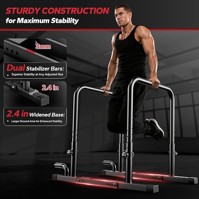 Dip Bar for Home Gym 880LBS Heavy Duty Dip Station Adjustable Height & Width Parallettes Bars for Full Body Strength Training Push Up Bar for Beginners & Advanced Users