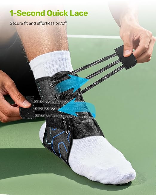 Quick Lace Up Ankle Brace with 2 Metal Support Stays, Breathable Stabilizer for Sprained Ankle, Slim Fit Ankle Support for Men & Women, Sports, Running, Basketball (Black, L)