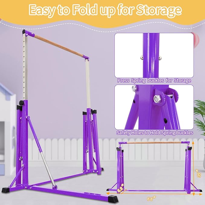 Gymnastics Bar for Kids Ages 3-15, 35" to 60" Adjustable Height, 4FT Wide Base - Professional Kip Bar with 360° Stability & Fiberglass Crossbar, Easy Fold&Solid Design for Home Training