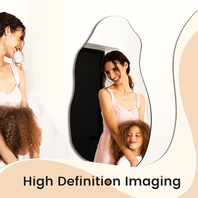 Irregular Asymmetrical Wall Mirror for Living Room Bathroom Entryway, Modern Decorative Mirror Hanging (Hook Style, 32'' x 18'')